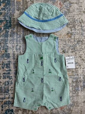 Little Me Green and White Striped Golf Baby Sun Hat and Romper